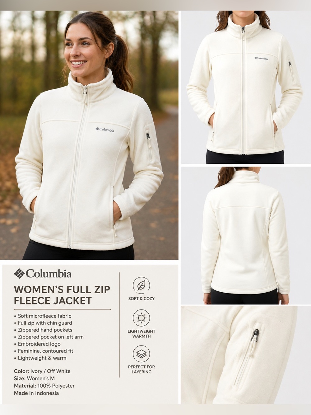 Columbia Women’s Full Zip Fleece Jacket Ivory– Size M